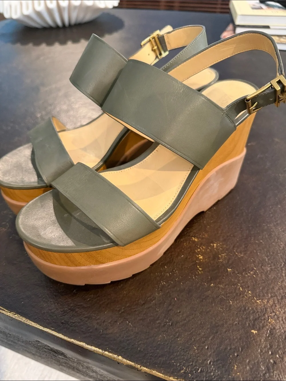 MICHAEL Michael Kors Olive Green Leather Platform Wedge Sandals